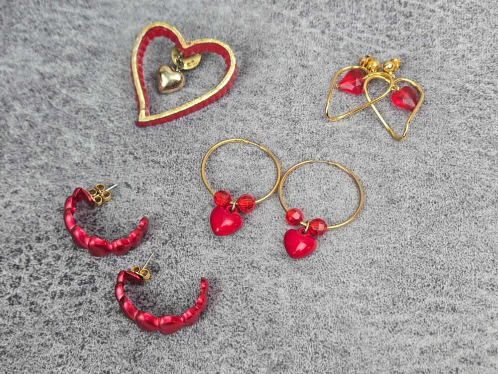 Vintage Valentine's Jewlery Bundle ~ Red Heart Earrings & Pin